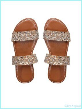 Glitter Rhinestone Flat Sandals Open Toe Double Strap Slip On Slides